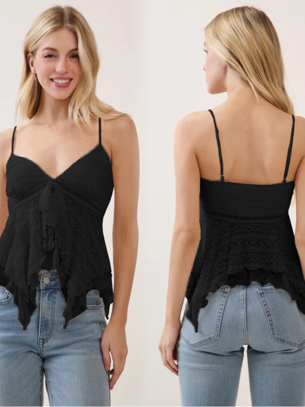 Black Lace Tiered Spaghetti-Strap Camisole